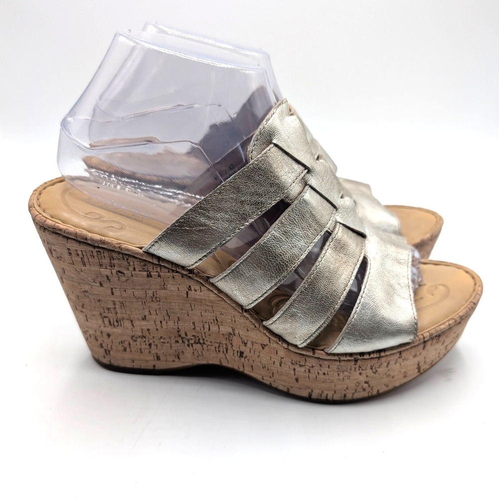 Sofft Metallic Gold Leather Cork Wedge Platform Sandals Womens 10 Festival Heels